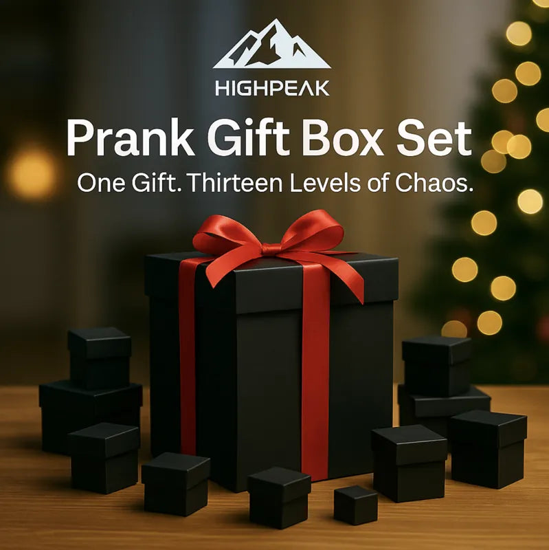 HighPeak Prank Gift Box Set with 13 black matte nesting boxes and red ribbon, perfect for gifts and surprises.