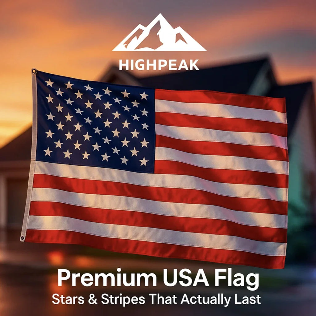 HighPeak Premium USA Flag waving outdoors at sunset, featuring bold red, white, and blue colors with durable fabric.