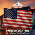 HighPeak Premium USA Flag waving outdoors at sunset, featuring bold red, white, and blue colors with durable fabric.