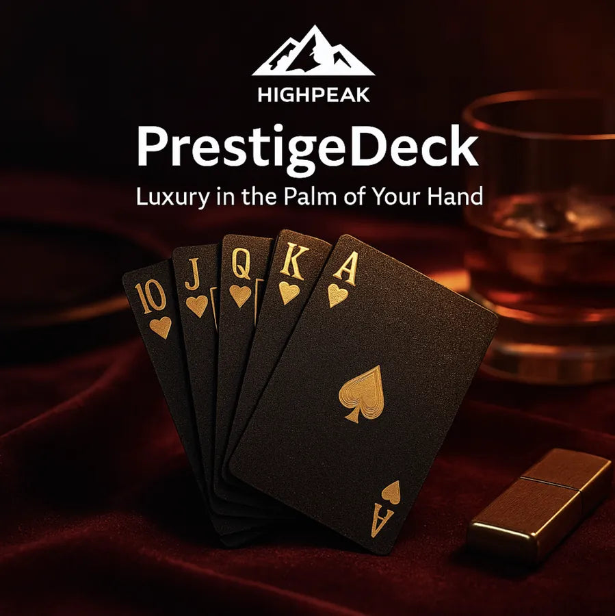 HighPeak PrestigeDeck playing cards in black with gold foil on red velvet near whiskey glass and lighter.