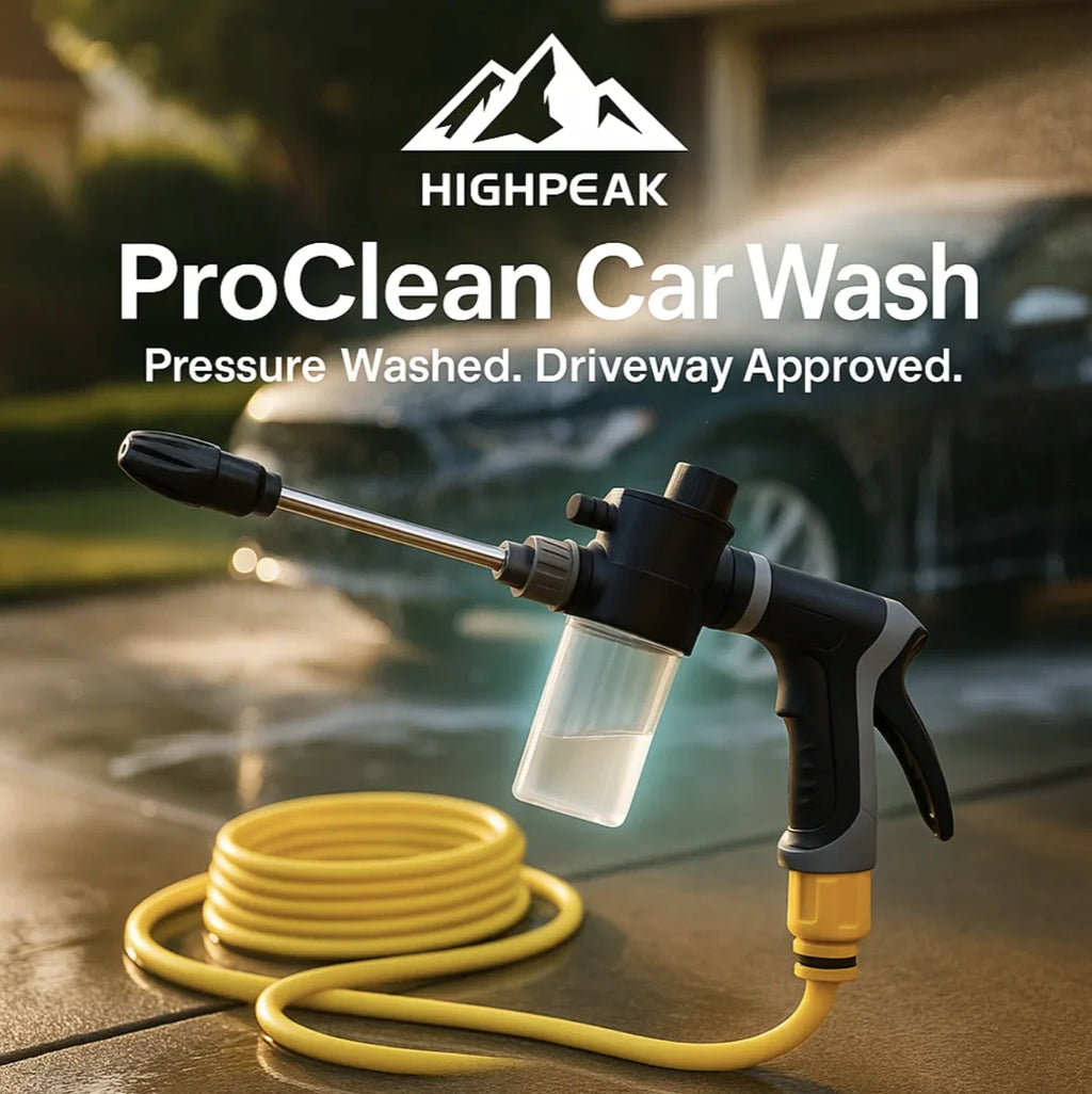 HighPeak ProClean™ High-Pressure Car Wash Gun in black with yellow hose on driveway spraying foam on a car.