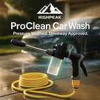 HighPeak ProClean™ High-Pressure Car Wash Gun in black with yellow hose on driveway spraying foam on a car.