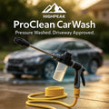 HighPeak ProClean™ High-Pressure Car Wash Gun with soap dispenser and yellow hose, ready for driveway cleaning.