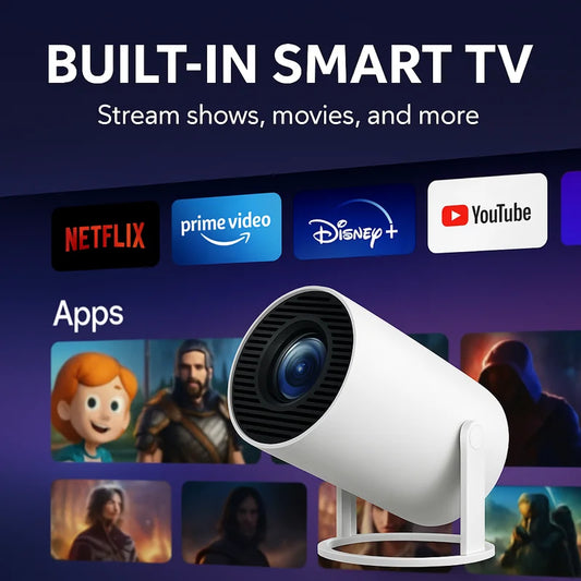HighPeak INFINITY Projector Plus in white with built-in streaming apps interface display on dark background