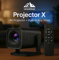 HighPeak Projector X 4K smart projector with remote control shown in black finish with purple lens on dark background