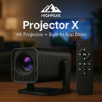 HighPeak Projector X 4K smart projector with remote control shown in black finish with purple lens on dark background