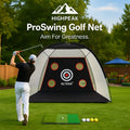 HighPeak ProSwing Golf Net in backyard with target zones, turf mat, and golfer practicing full swing outdoors