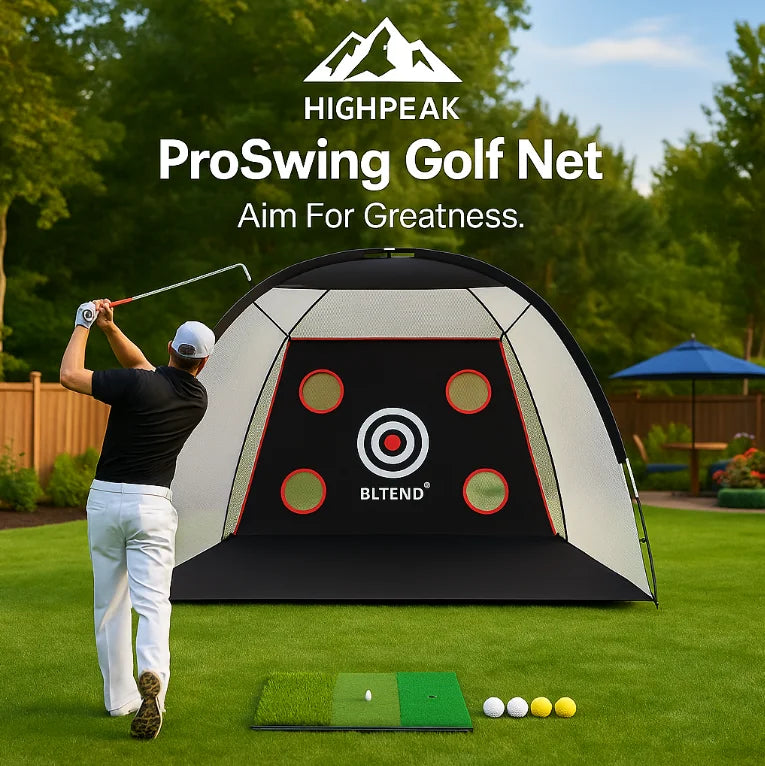 HighPeak ProSwing Golf Net in backyard with target zones, turf mat, and golfer practicing full swing outdoors