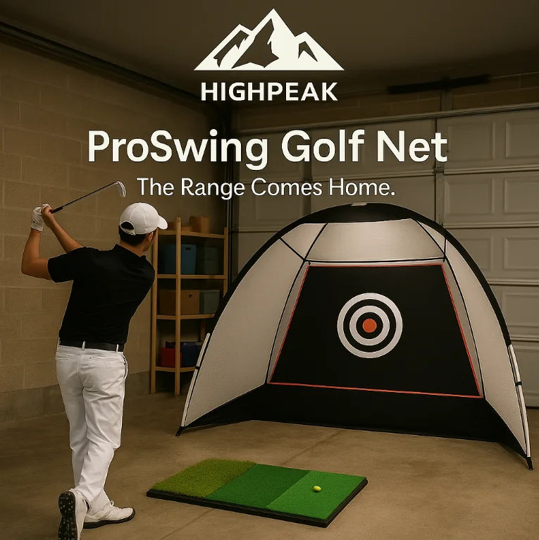 HighPeak ProSwing Golf Net in indoor garage with target zone and golfer practicing full swing on turf mat