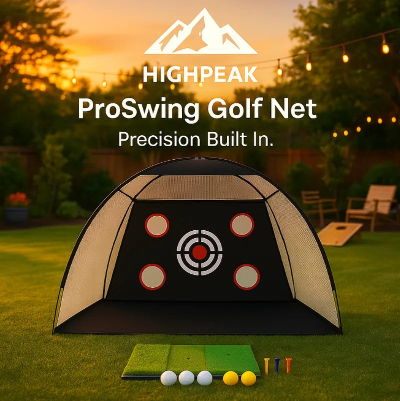 HighPeak ProSwing Golf Net set up in backyard with target zones, turf mat, tees, and balls for golf practice.