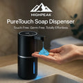 HighPeak PureTouch™ - Automatic Soap Dispenser in matte black dispensing blue foam soap on bathroom sink.