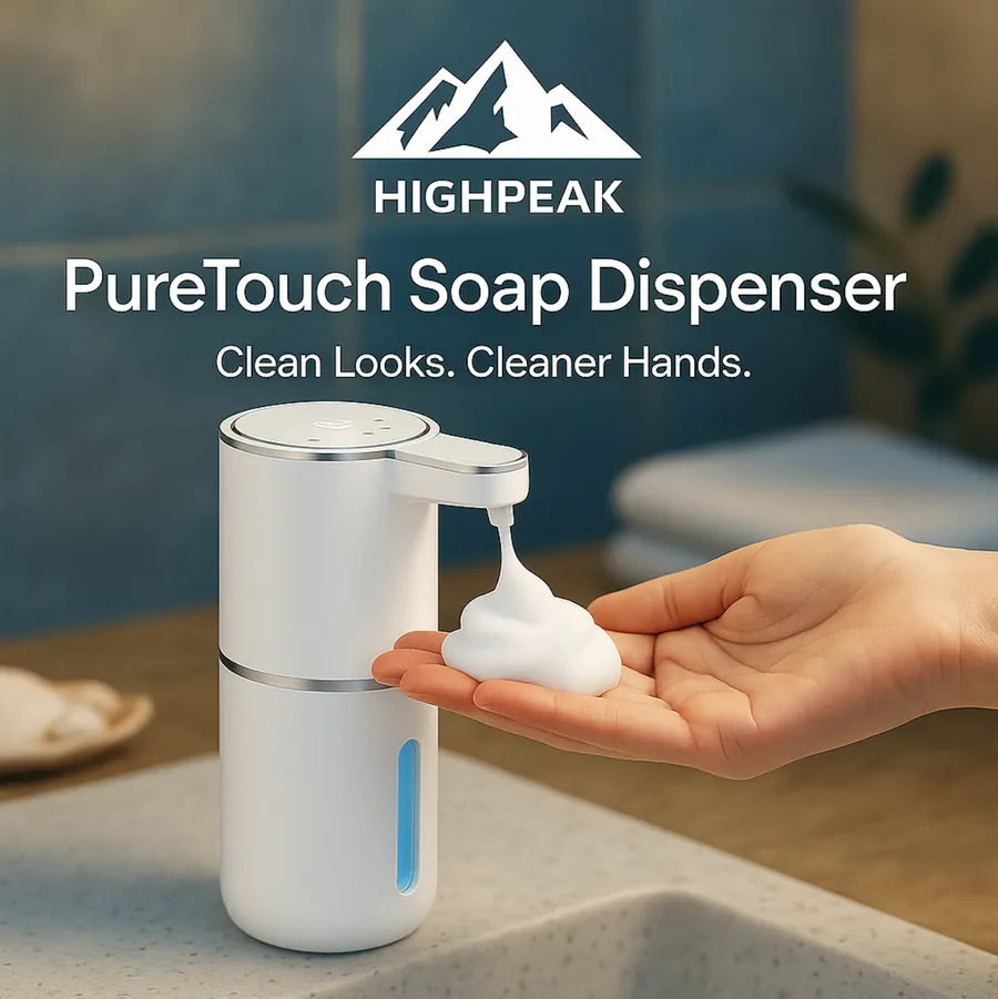 HighPeak PureTouch™ Automatic Soap Dispenser in white dispensing foam onto a hand on a bathroom sink counter