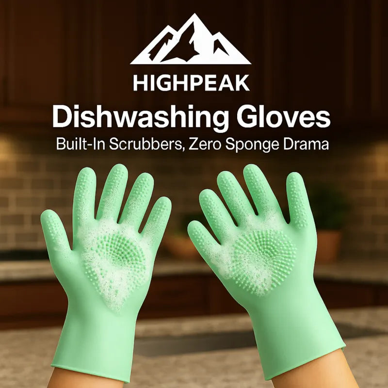 HighPeak Silicone Dishwashing Gloves in green with built-in scrubbers shown in a kitchen setting for effective cleaning.