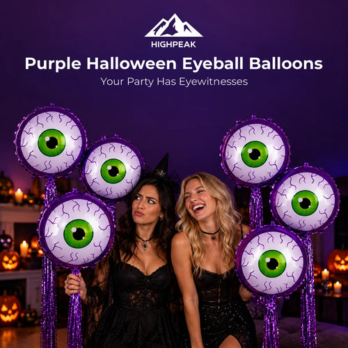 Purple Halloween Eyeball Balloons surrounding two friends in black costumes at a pumpkin-decorated party.
