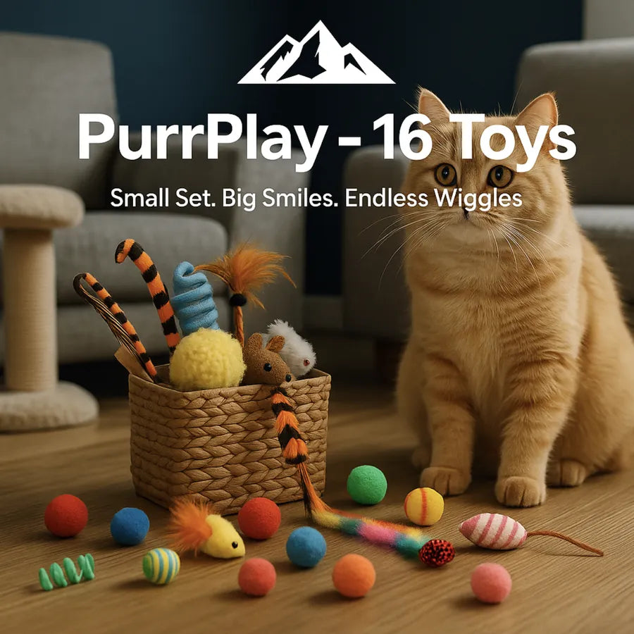 PurrPlay™ - 16 Toys cat toy set with colorful balls, mice, and feathers beside an orange cat indoors by HighPeak