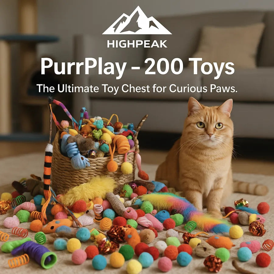 HighPeak PurrPlay™ 200-piece colorful cat toy mega pack with a wicker basket and an orange tabby cat indoors