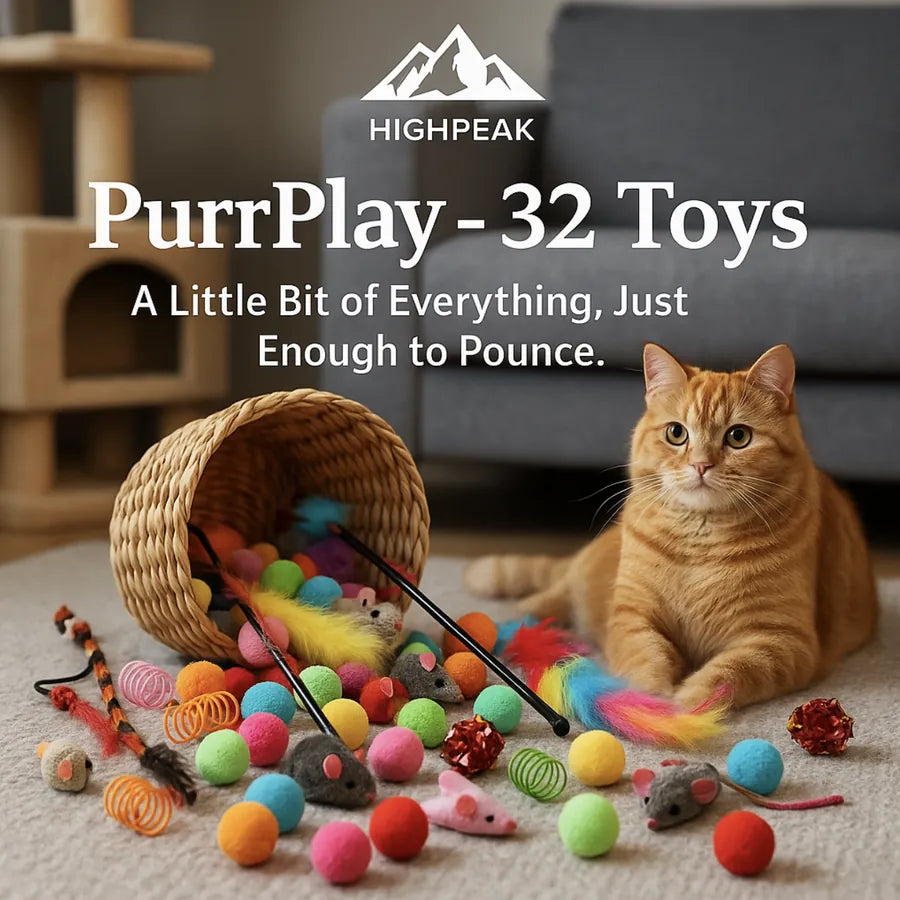 HighPeak PurrPlay™ 32 colorful cat toys spilled from basket with orange cat on carpet in living room setting