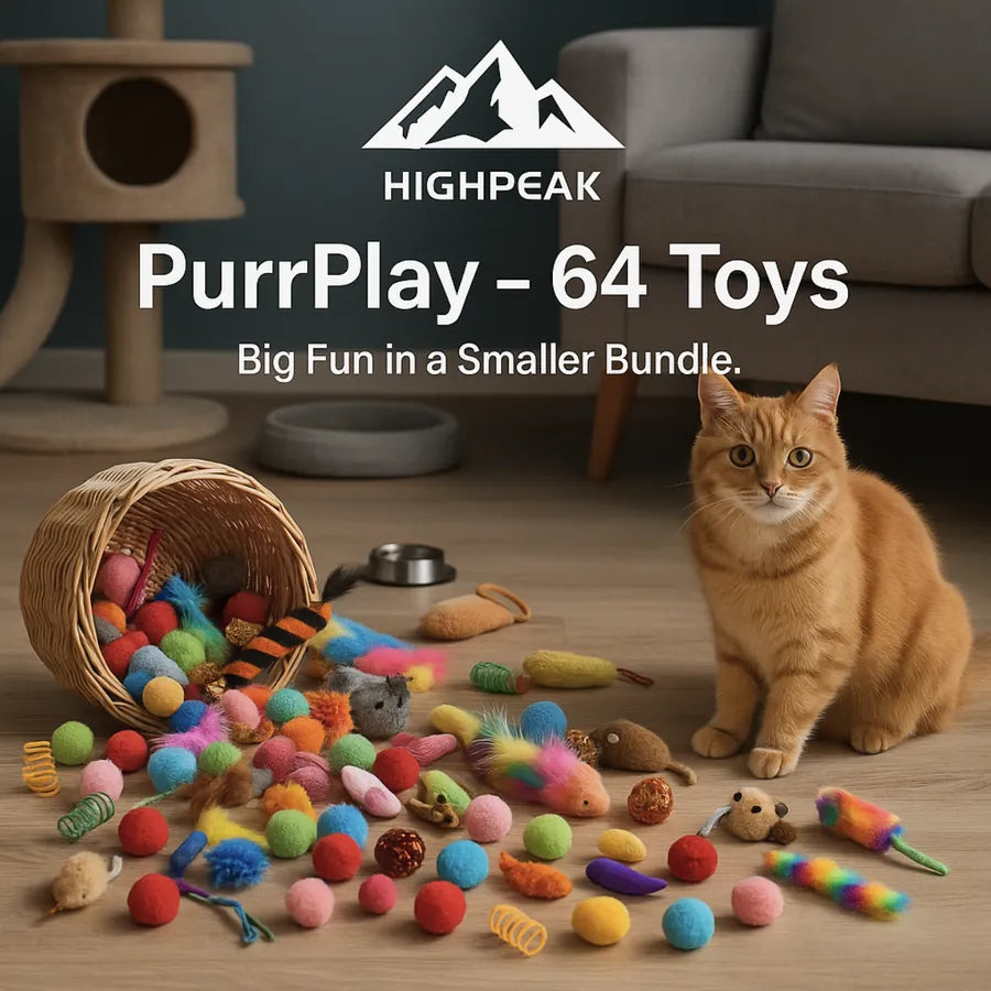 HighPeak PurrPlay™ – The Ultimate Toy Mega Pack with 64 colorful cat toys spilled from wicker basket beside an orange tabby cat