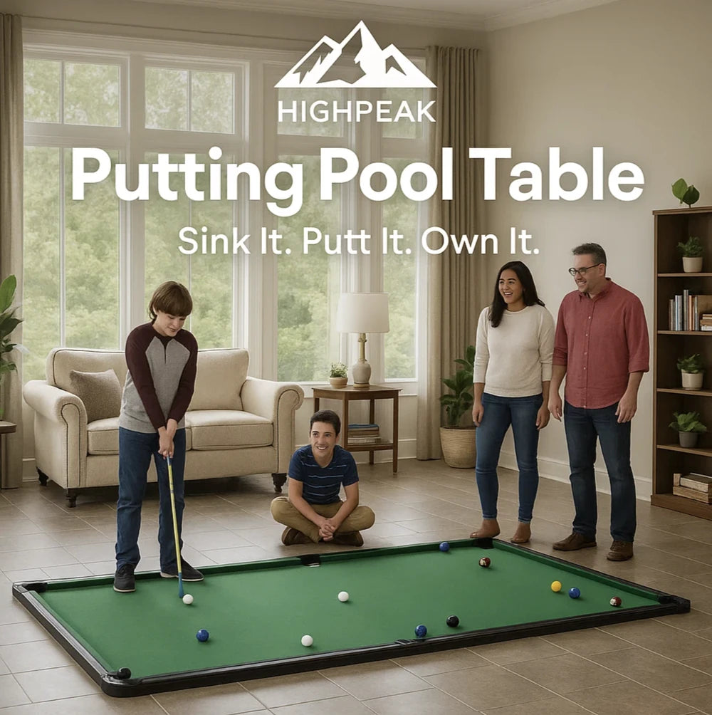 HighPeak Putting Pool Table green mat with family playing indoors, combining golf putting and pool billiards fun.