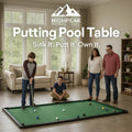 HighPeak Putting Pool Table green mat with family playing indoors, combining golf putting and pool billiards fun.