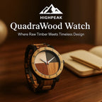 HighPeak QuadraWood™ Artisan Multitone Wooden Watch with mixed hardwood face and all-wood band on wooden surface.