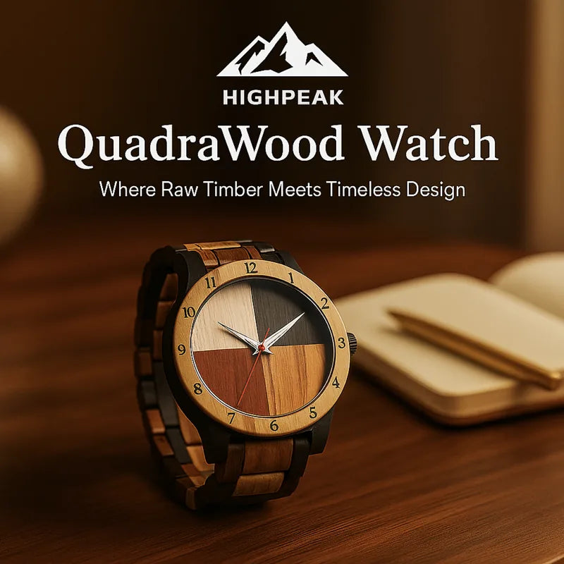 HighPeak QuadraWood™ Artisan Multitone Wooden Watch with mixed hardwood face and all-wood band on wooden surface.