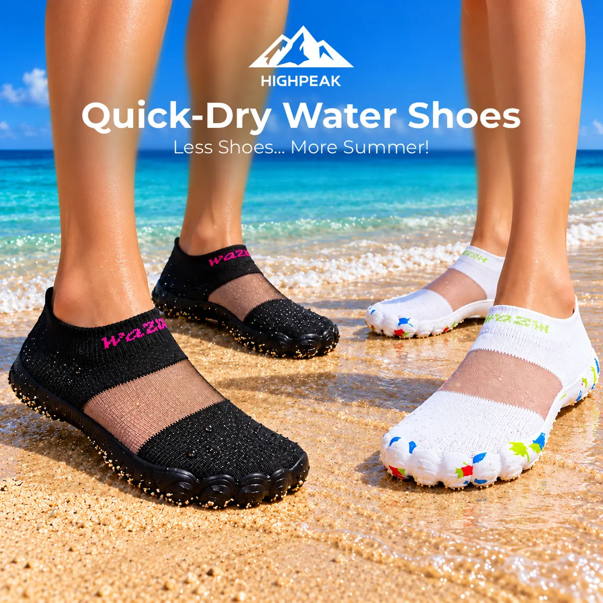 HighPeak black and white Quick-Dry Water Shoes with mesh uppers and toe-shaped soles, worn on a beach.