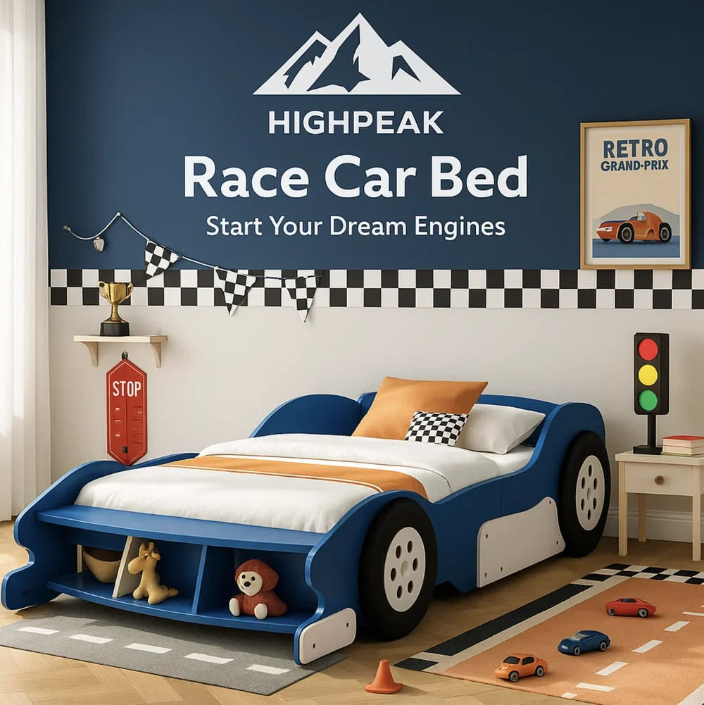 Bed Ride HighPeak Full Size Race Car Bed with Rails – Blue Wooden Frame