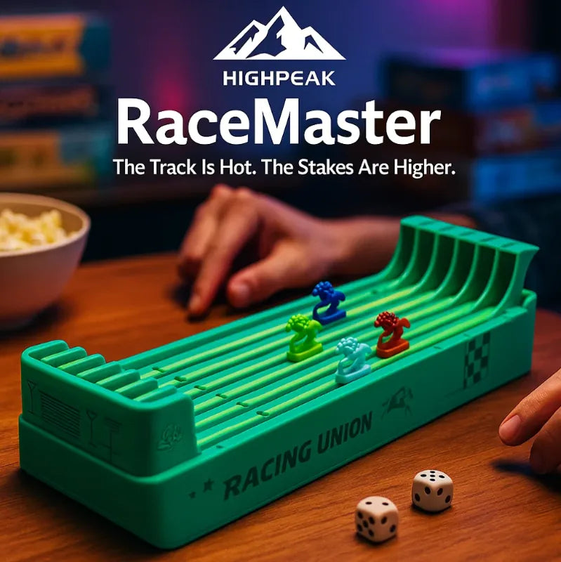 HighPeak RaceMaster green horse racing game with colorful horse pieces and dice on wooden table setup