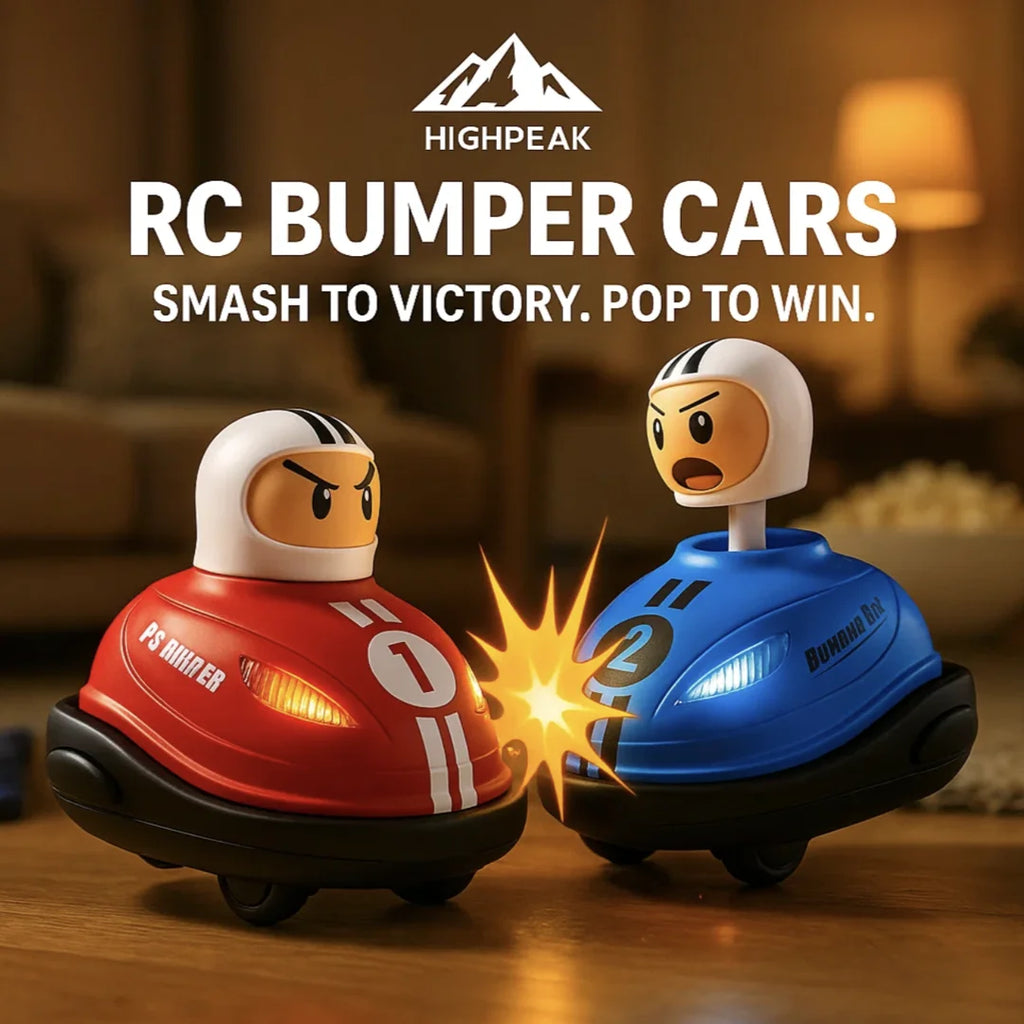 HighPeak RC Bumper Cars in red and blue with flashing lights crashing indoors, showing competitive remote-controlled play.