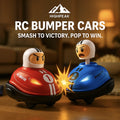 HighPeak RC Bumper Cars in red and blue with flashing lights crashing indoors, showing competitive remote-controlled play.