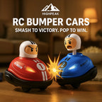 HighPeak RC Bumper Cars in red and blue with flashing lights crashing indoors, showing competitive remote-controlled play.