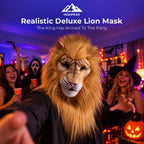 Realistic Deluxe Lion Mask in Light Brown worn at a Halloween party with pumpkins and costumed guests