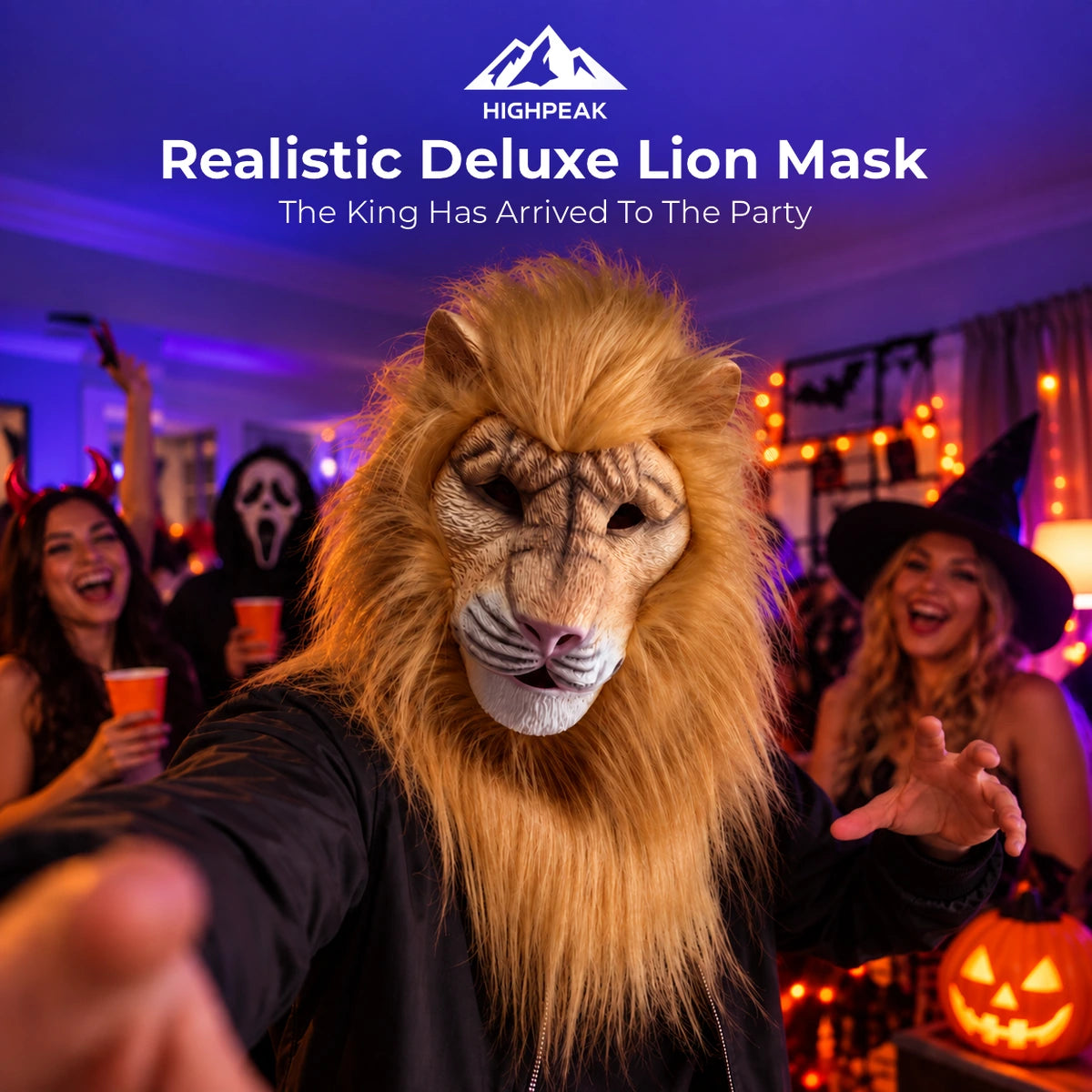 Realistic Deluxe Lion Mask in Light Brown worn at a Halloween party with pumpkins and costumed guests