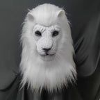 Realistic Deluxe Lion Mask in White with sculpted facial details and a long mane against dark fabric