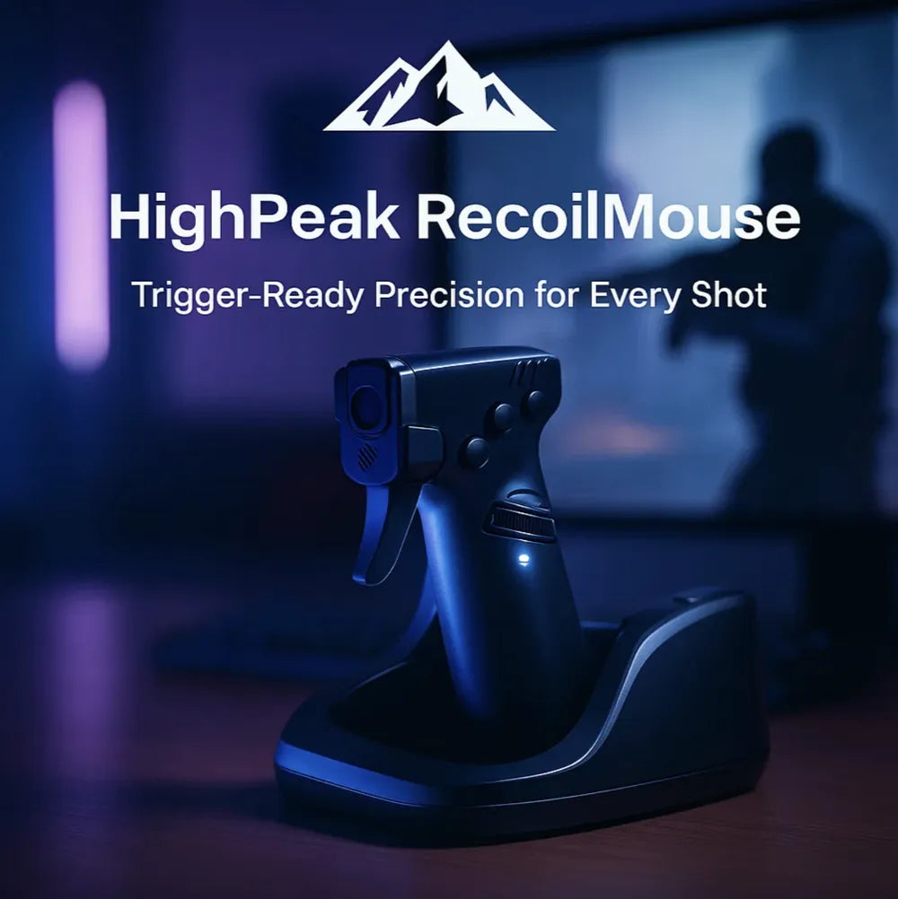 HighPeak RecoilMouse black gun-style gaming mouse with trigger grip and custom buttons on dark gaming desk setup