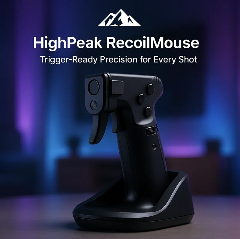 HighPeak RecoilMouse gun-style black gaming mouse with vertical grip and trigger click on a dark blurred desk setup