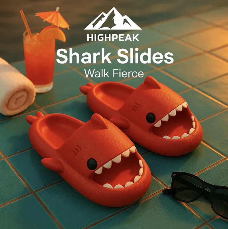 HighPeak Shark Slides in bright orange with open-toe, cushioned design by poolside with sunglasses and a drink