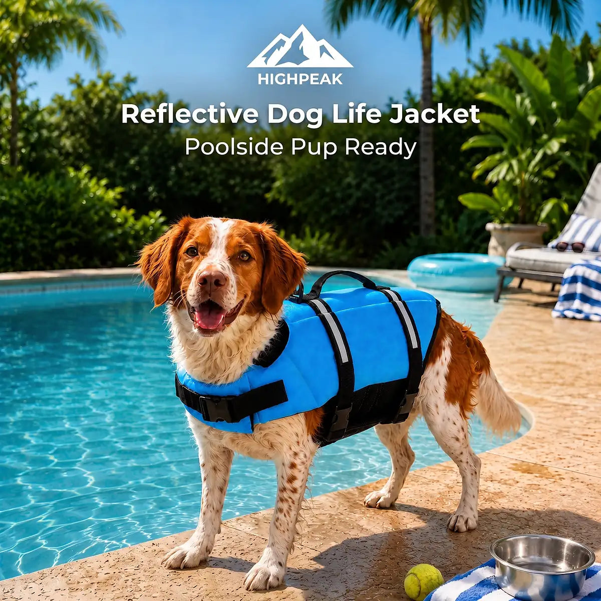 A brown and white dog stands by a swimming pool wearing a bright blue reflective life jacket with black straps. The scene includes pool water, palm trees, lounge furniture, and a towel, with the text 'HIGHPEAK Reflective Dog Life Jacket' and 'Poolside Pup Ready' overlaid at the top.