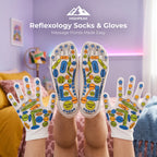 HighPeak Reflexology Socks & Gloves worn with palm and sole maps facing forward in a colorful bedroom