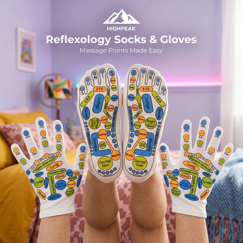 HighPeak Reflexology Socks & Gloves worn with palm and sole maps facing forward in a colorful bedroom