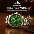 HighPeak RegalTime™ Luxury Luminous Quartz Watch with emerald green dial and gold steel band on wooden surface