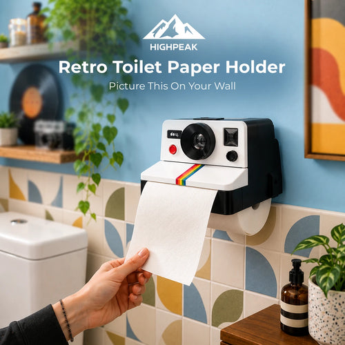 A retro-style toilet paper holder mounted on a blue bathroom wall, designed to look like a vintage instant camera. A hand is pulling a sheet of white toilet paper from the holder.