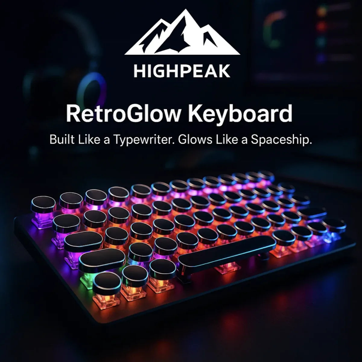 HighPeak RetroGlow Keyboard with RGB backlit round keys glowing in a dark gaming setup, mechanical typewriter style.