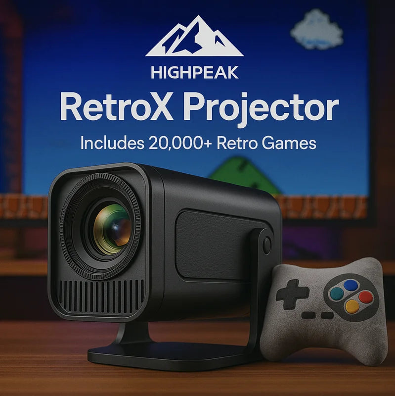 HighPeak RetroX Projector with gaming controller, showing compact black design and retro gaming interface on blue backdrop