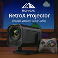 HighPeak RetroX Projector with gaming controller, showing compact black design and retro gaming interface on blue backdrop
