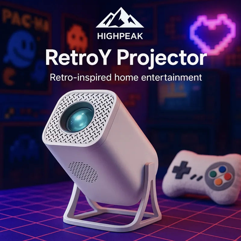 HighPeak RetroY Projector in white with retro gaming controller and neon arcade background displays