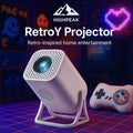 HighPeak RetroY Projector in white with retro gaming controller and neon arcade background displays