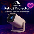HighPeak RetroZ projector in rose gold with blue lens against retro gaming grid background with neon heart design