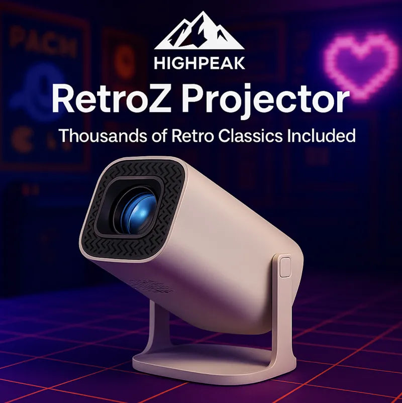 HighPeak RetroZ projector in rose gold with blue lens against retro gaming grid background with neon heart design